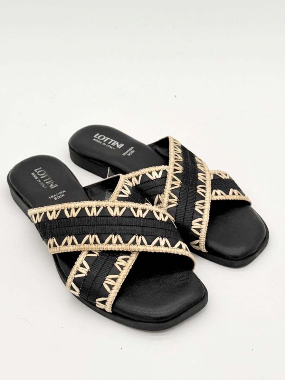 LOTTINI Italy Leather Slide Sandals Women 6.5 EU 37 Black Woven Cross Strap Flat